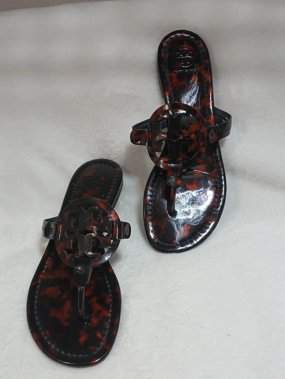 Tory Burch Miller Patent Sandal Slip-Ons In Tortoise Sz 7.5 M Women